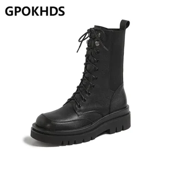 

GPOKHDS 2021 women Ankle boots Cow leather winter short plush Square Toe Lace-Up Med heels female Riding boots size 43