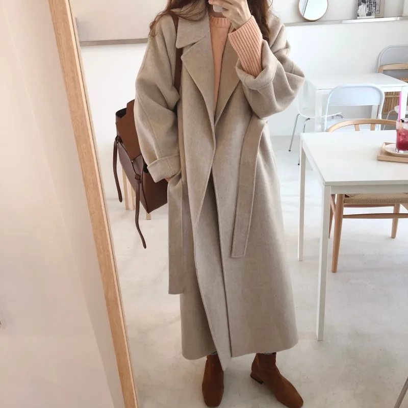 Autumn Winter New Casual Wool Blend Coat Oversize Long Coat with Cashmere