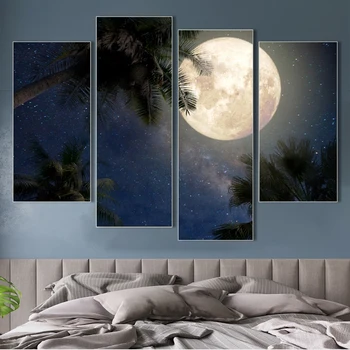 

Moon Night Landscape Canvas Painting 4 Panel Wall ArtPosters and Prints Pictures for Living Room Bedroom Home Decor