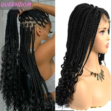 Perruque frontale en dentelle tressée avec extrémités bouclées, cheveux synthétiques, brun ombré, résistants à la chaleur, pour femmes, 18 pouces