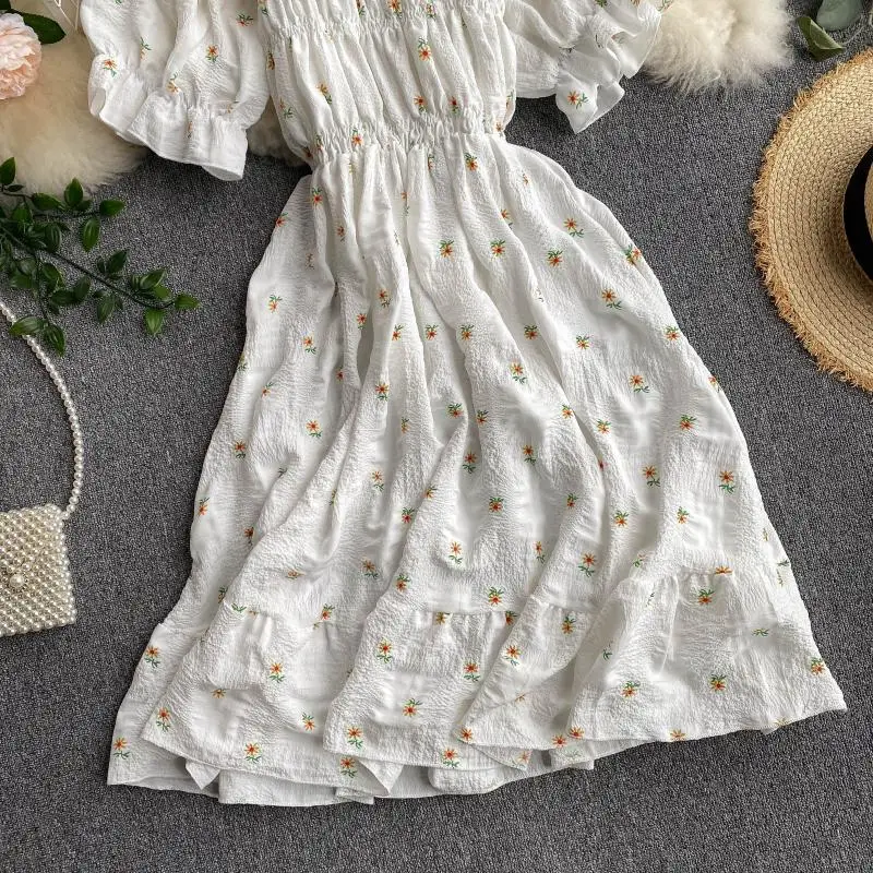 SINGRAIN Women Ruched Ruffle Dress Korean Puff Sleeve Slash Neck A Line Dress Summer Vacation Casual Print Floral Dress 2020