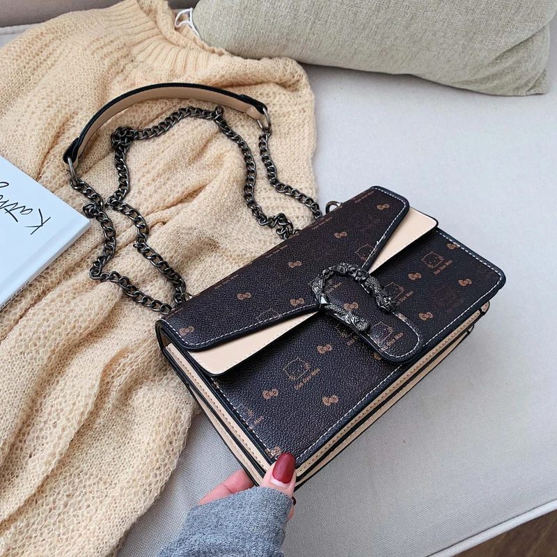 Chain Small Bag Female Bag Popular New Wave Korean Shoulder Fashion Small Square Bag - Color: Khaki