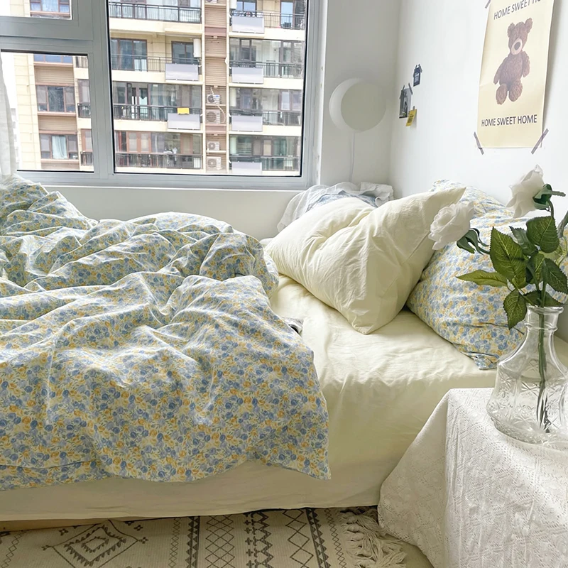 

100% Cotton Bedding Set with Washed Cotton Bed Sheet,Duvet Cover Set with Double Color Pillowcase,3/4pcs(Twin Queen Size,Floral)