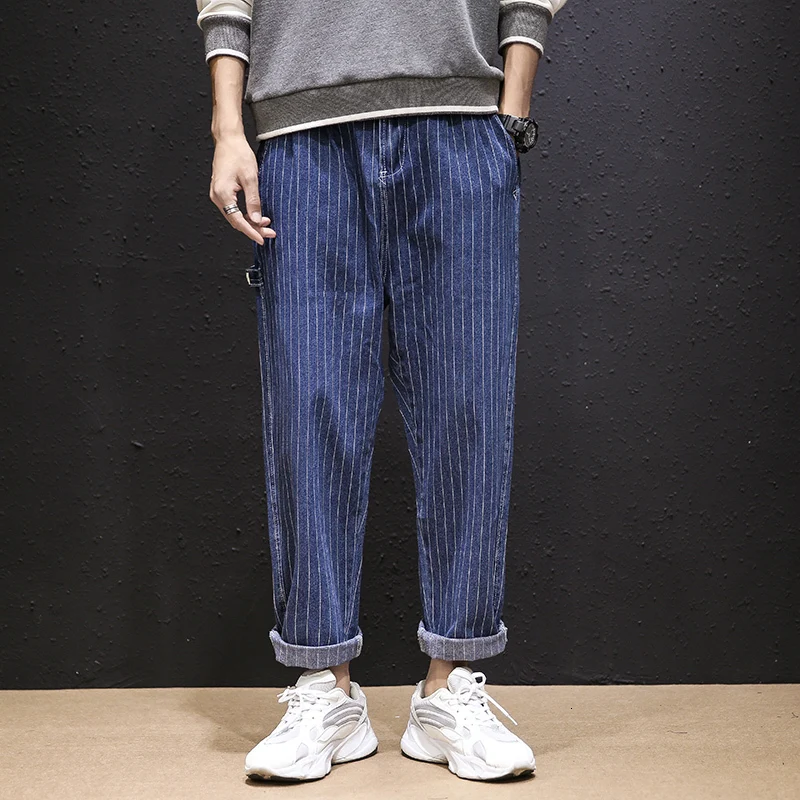 Japanese Autumn New Korean Version Of The Large Size Loose Vertical Striped Tooling Casual Jeans