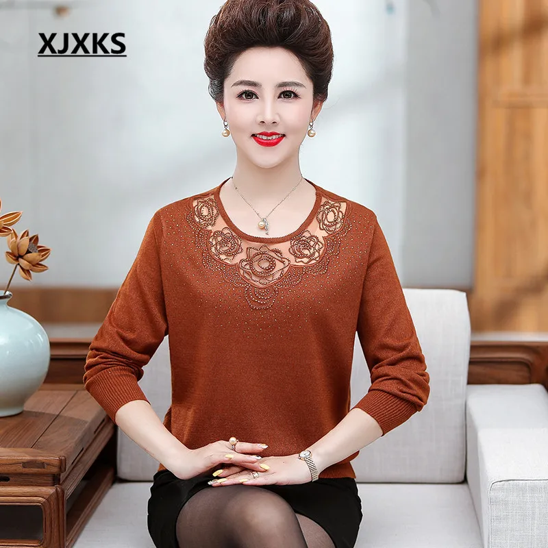 XJXKS Exquisite embroidery solid color all-match women sweater autumn winter new women cashmere knitteed sweater pullover - Цвет: Коричневый