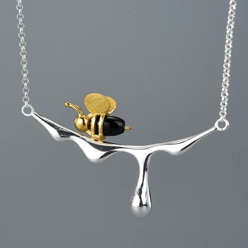 18K Gold Bee and Dripping Honey Pendant Necklace Real 925 Sterling Silver Handmade Designer Fine Jewelry for Women