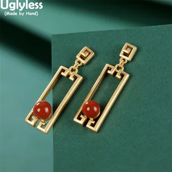 

Uglyless Simple Fashion Hollow Rectangle Earrings for Women Ethnic Palace Patterns Geometric Earrings Agate Gemstones Jewelry