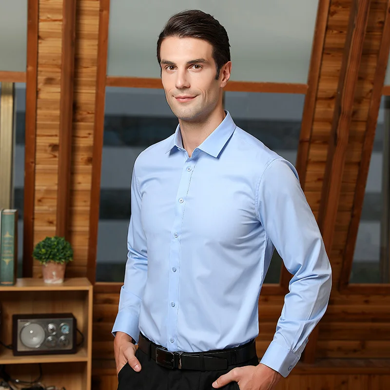 Men's Easy Care Solid Bamboo Fiber Dress Shirts Comfortable Soft Long Sleeve Elastic Non Iron Male Regular-fit Formal Tops Shirt Men's Easy Care Solid Bamboo Fiber Dress Shirts Comfortable Soft Long Sleeve Elastic Non Iron Male Regular-fit Formal Tops Shirt