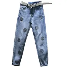 Новинка весны, модные женские джинсы, стразы, высокая талия, свободные, прямые, повседневные, шаровары, джинсы размера плюс