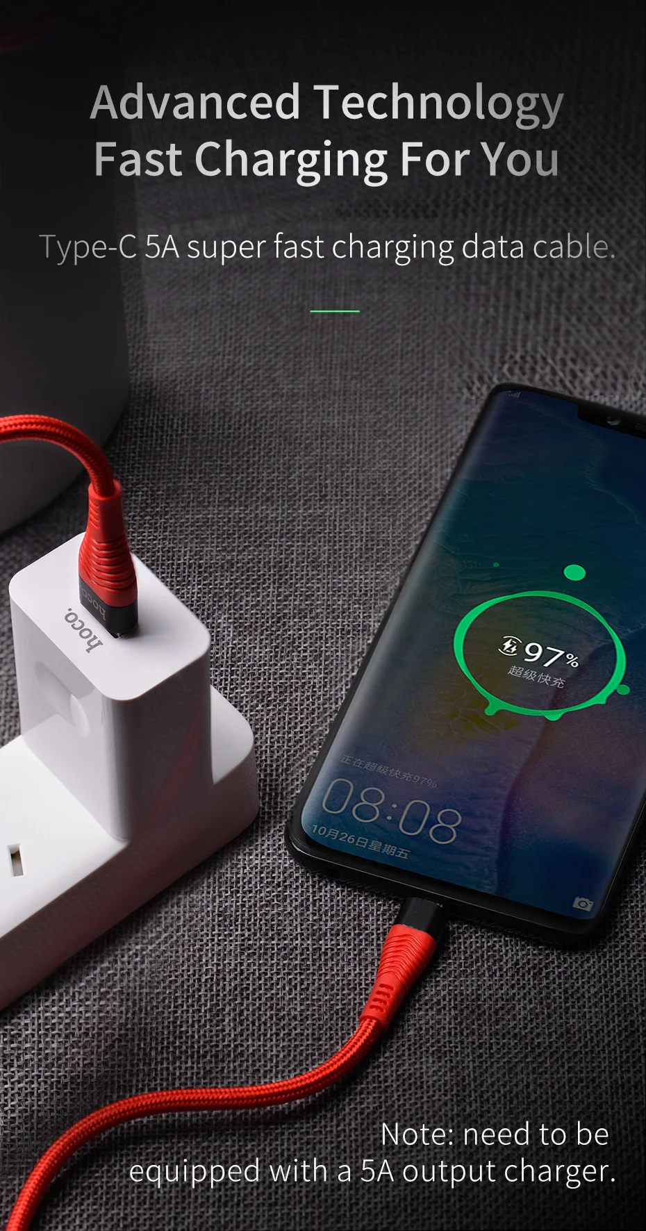 HOCO 5A usb type-C кабель для huawei mate 20 P30 P20 PRO Супер быстрая зарядка USB C кабель для samsung S10 S9 Note 9 1M Kable