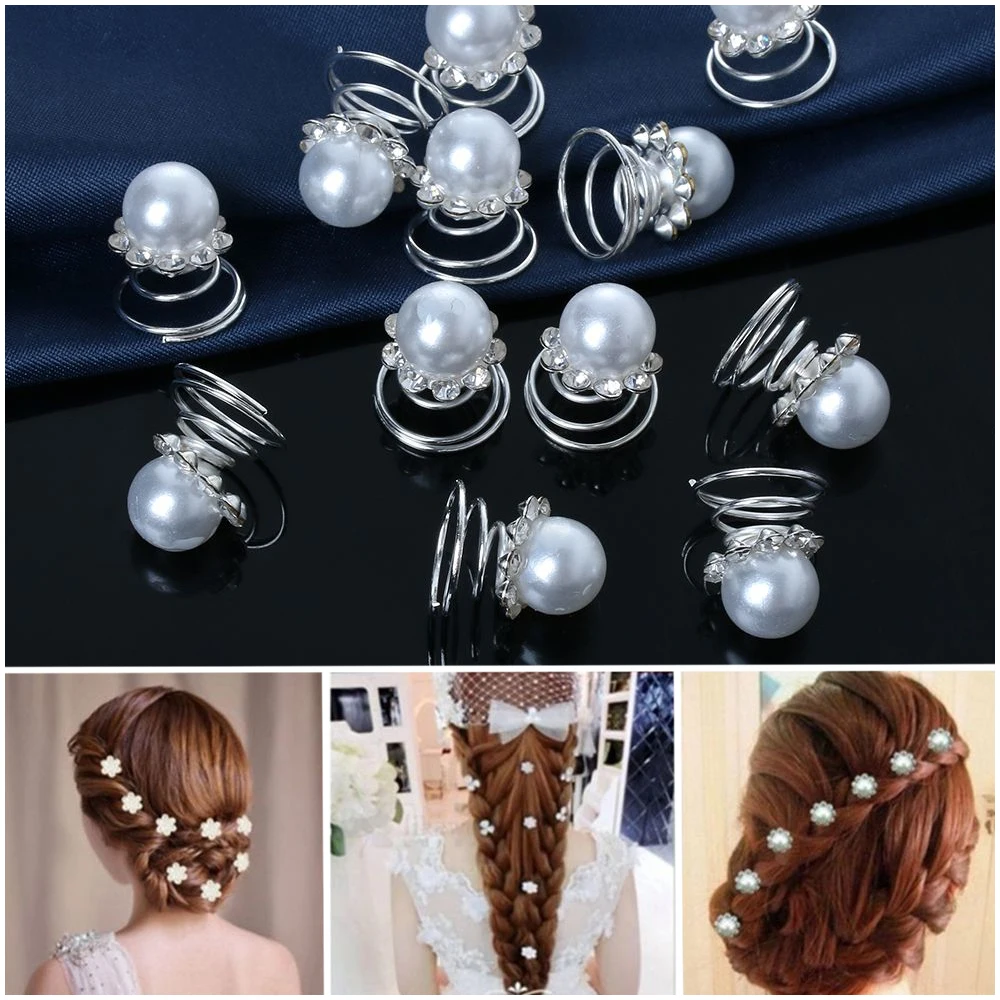 Hair Clips Hair Accessories 12Pcs Bridal Crystal Pearl Flower Spiral Twist Hair Pins Clips Wedding Jewelry Bride Headdress Women Hair Styling Accessories