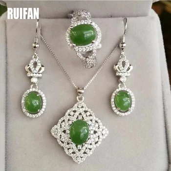 

Ruifan Natural Hetian Jade Jewelry Set White Gold Women 925 Sterling Silver Jewelry Set Bride Necklace/Earrings/Ring Sets YJS007