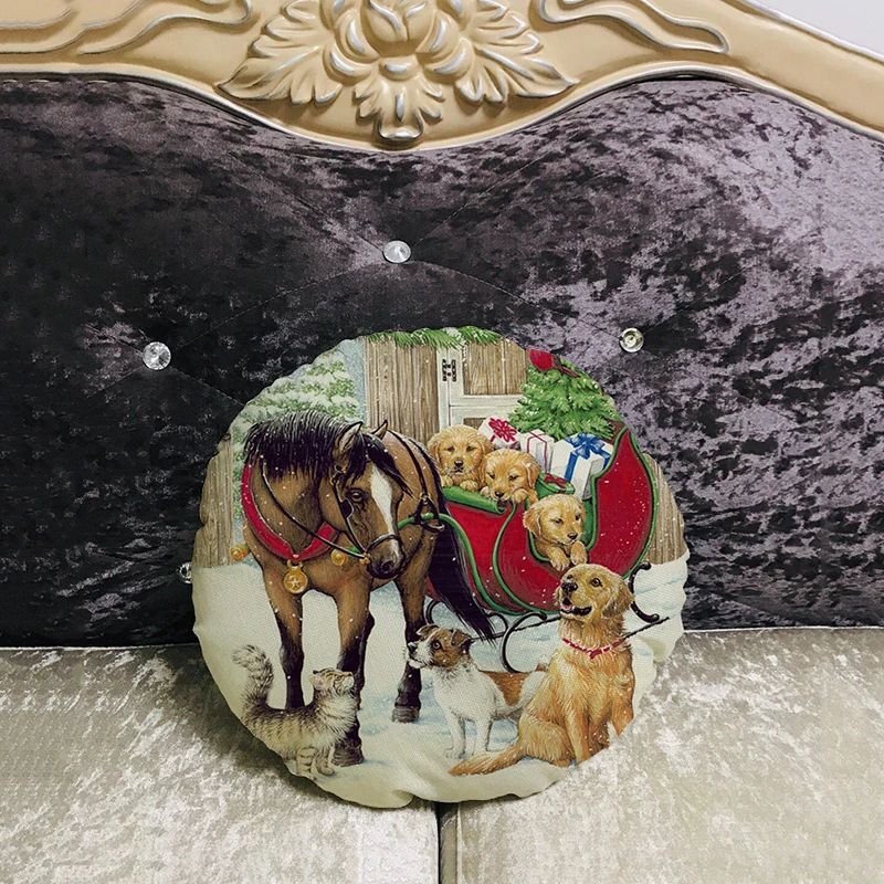 45*45 см, ручная роспись, Рождественская мультяшная лошадь, кошка, круглый чехол для подушки и дивана, наволочка для подушки, декоративная наволочка для дома YX482