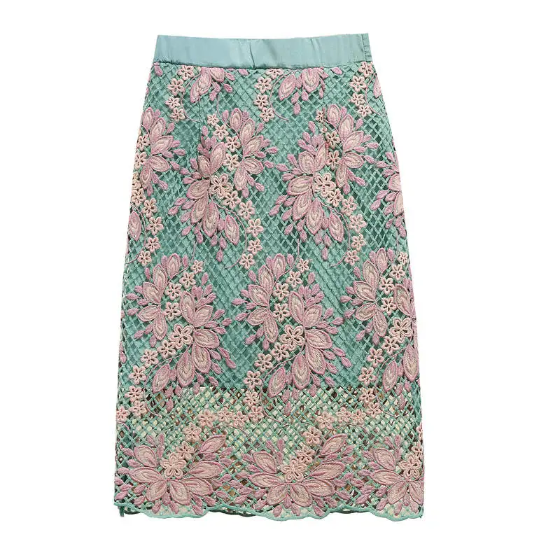 green skirts Юбка с цветочной вышивкой и высокой талией, Женские винтажные сексуальные кружевные юбки, женские облегающие миди Сексуальные облегающие вечерние юбки C6058 - Цвет: green skirts