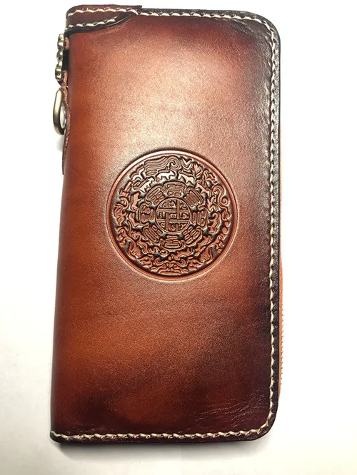 Reddish brown Кожа коровы нежная подвеска на кошельки тиснение Сумка кошельки для женщин и мужчин длинный клатч растительного дубления кожаный бумажник держатель для карт - Цвет: Reddish brown