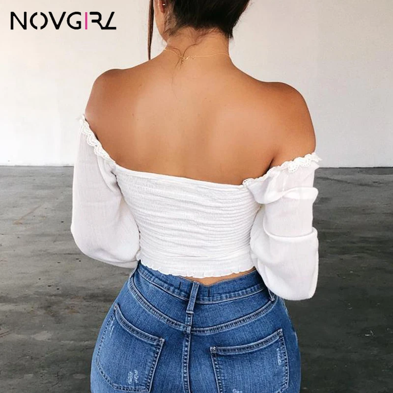 Novgirl, сексуальные женские футболки на шнуровке с открытыми плечами, осень, v-образный вырез, длинный рукав-фонарик, кружевные топы, Повседневная Уличная футболка