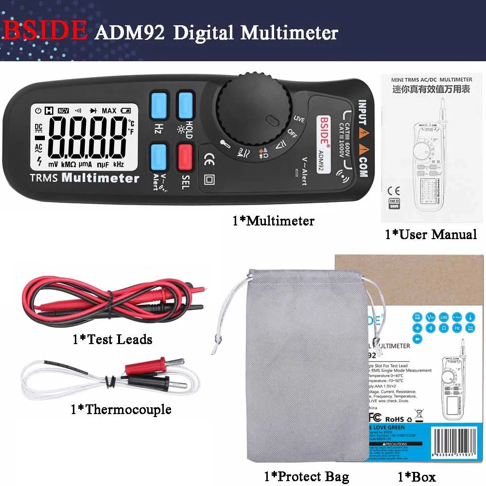 Многофункциональный цифровой мультиметр BSIDE ADM92CL цветной ЖК-дисплей Multimetro Автоматический диапазон True Temp Тестер Вольтметр Ampermetr - Цвет: ADM92 (LCD Display)