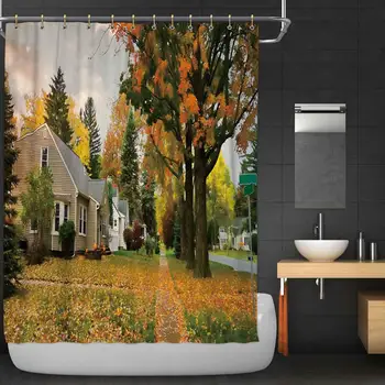 

Village Street in Autumn Shower Curtain Bathroom Decor Set with Hooks