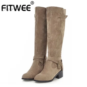 

FITWEE Women Pu Leather Buckle Knee High Boots Zipper Daily Chunky Heels Winter Boots Round Toe Botas Footwear Size 34-43