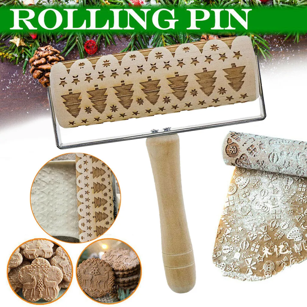 Wooden Christmas Embossing Rolling Pin Engraved DIY Tools for Baking Cookie Kid Noodle Biscuit Fondant Cake Dough Patterned Roll