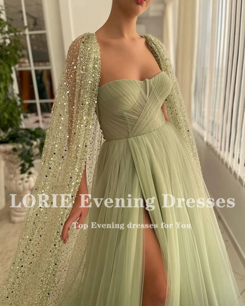 LORIE Green Tulle Evening Dresses 2022 Sparkly Glitter Jacket Prom Dresses Sweetheart Side Slit Party Gowns Robe De Soirée Femme