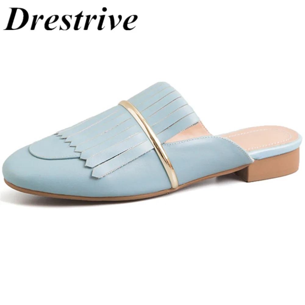 Drestrive; коллекция года; женские туфли-лодочки; модные туфли без задника из натуральной кожи на низком каблуке; женская повседневная обувь; женские летние туфли с кисточками; Размеры 33-41