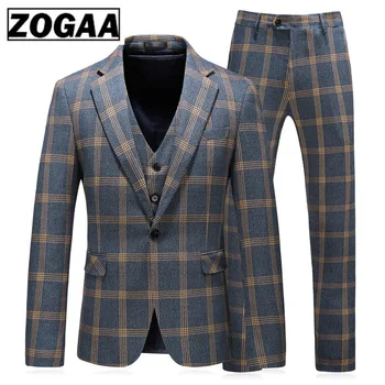 

ZOGAA Fashion Plaid Designs Lapel Men Suit Tailor Made Groom Tuxedos Wedding 3 Piece Suits Best Man Blazer (Jacket+Pants+Vest) C