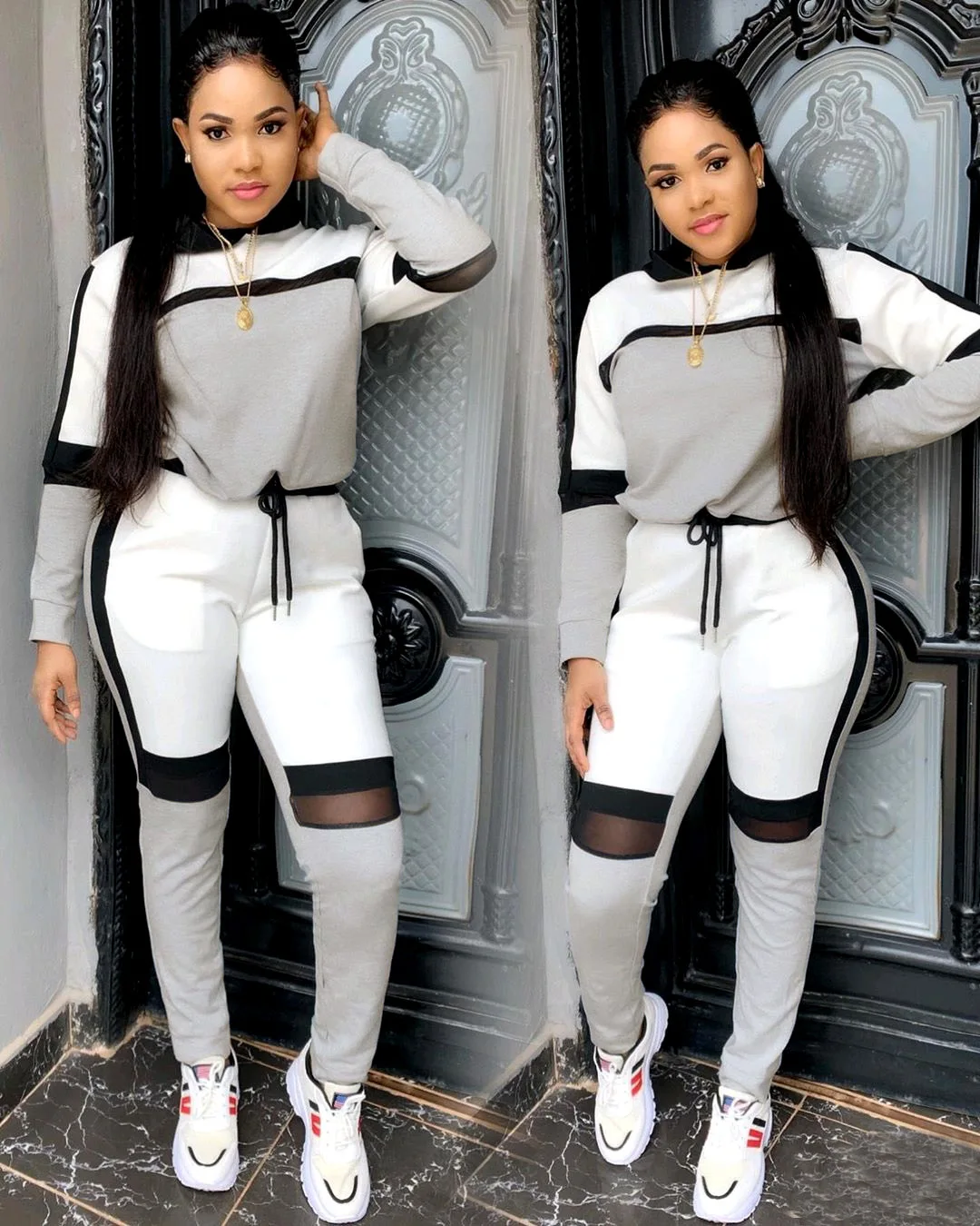 

2019 Autumn Winter Fashion Grey White Patchwork Women Hooded 2 Piece Set Sweatsuit Tracksuit Plus Size