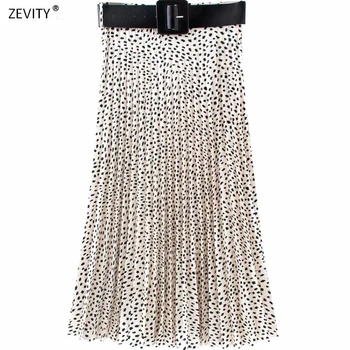 

2020 New Women Vintage irregular dots printing pleated midi skirt faldas mujer ladies PU sashes chic mid-calf skirts QUN593