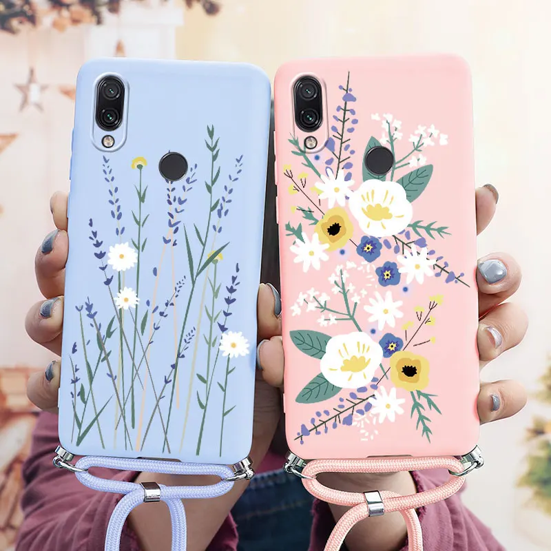 Necklace Lanyard Rope Phone Case For Xiaomi Redmi Note 7 Silicone Soft Cute Dinosaur Flower Cover For Redmi Note 7pro 7s Bumper
