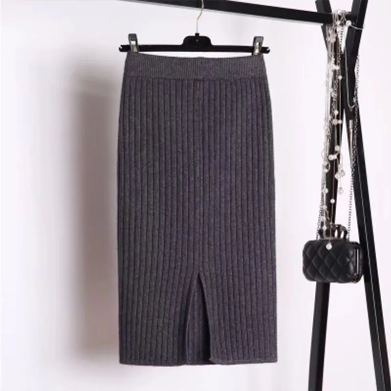 BEFORW/осенне-зимняя женская Элегантная трикотажная юбка с завышенной талией, женские юбки с теплым карманом, вязаные юбки с разрезом, однотонные женские юбки