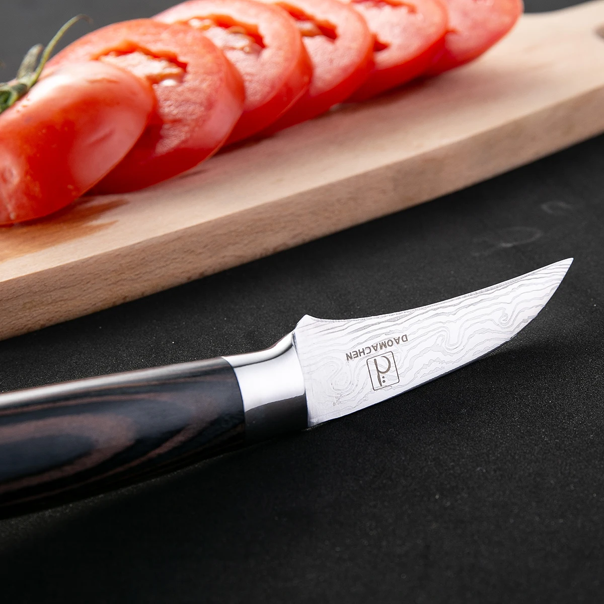 DAOMACHEN 3,5 дюймов нож с изогнутыми лезвиями дамасский узор цветная деревянная ручка 7cr17mov Высокоуглеродистая сталь кухонный фруктовый нож