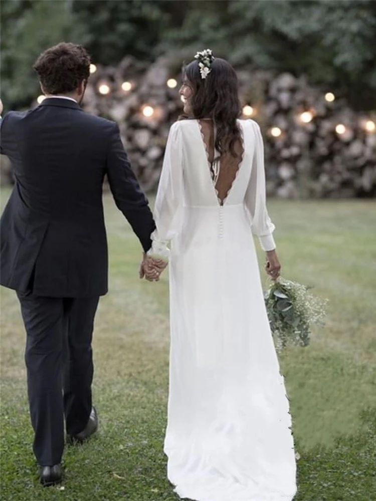 Bohemian White Wedding Dresses V Neck Backless Plus Size Sweep Train Chiffon Beach Garden Country Bridal Gowns vestido de novia (3)