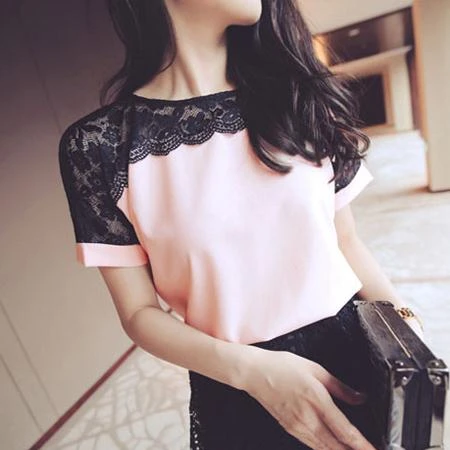 Корейская мода, шифоновые женские блузки, кружевные с коротким рукавом, розовые женские рубашки размера плюс 4XL/5XL, женские топы, Blusas Femininas Elegante