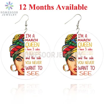 

SOMESOOR Printed 12 Months Black Queen In 3 Sides African Wooden Drop Earrings Afro Headwrap Pattern Locs Loops For Women Gifts