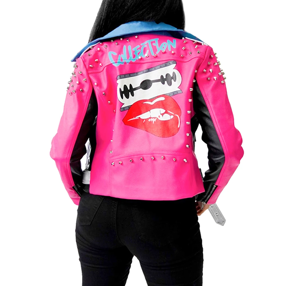 Women's Rivet Printing Lapel Contrast Color Zipper PU Leather Fashionable Coat Long-sleeve Short Jacket