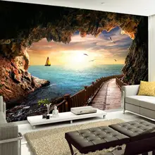 Canvas Wall Mural Sunset Seascape From Cave Long Gallery Photo Wall Paper HD Print 3D Wallpaper for Walls Custom