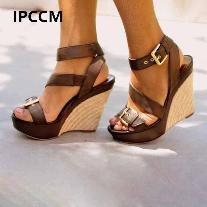 

IPCCM Summer Fashion High Heel Waterproof Platform Open Toe Sandals Wedge Folder Toe High Quality PU Ladies Hasp Sandals