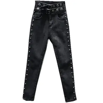 

autumn winter new fashion heavy work beaded diamond jeans women high waist skinny pencil jeans