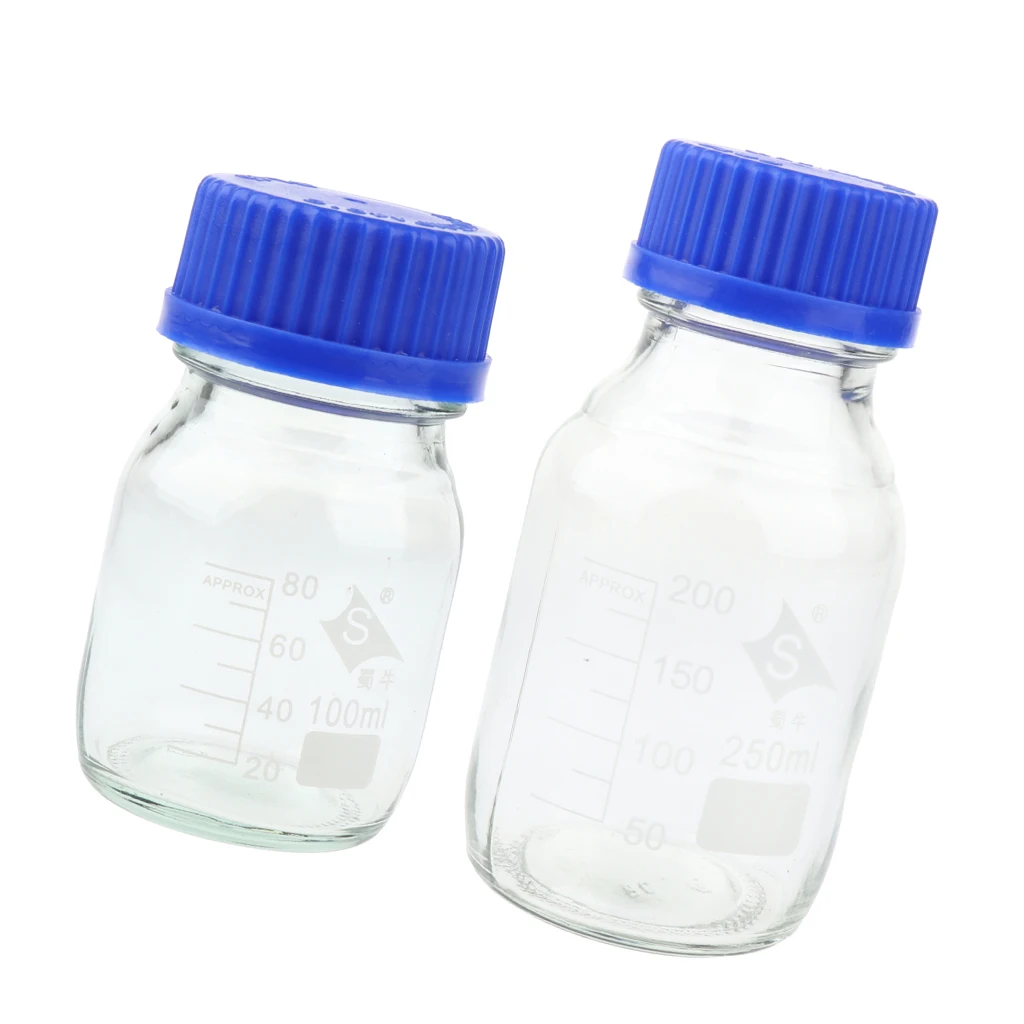 2 Pcs Reagent Storage Bottle Clear High Hardness Glass Graduated Screw Cap 250/100ml