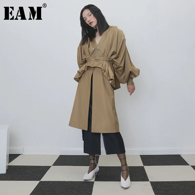 

[EAM] Women Pleated Removable Big Size Trench New V-collar Batwing Sleeve Loose Fit Windbreaker Fashion Autumn Winter 2019 1H270