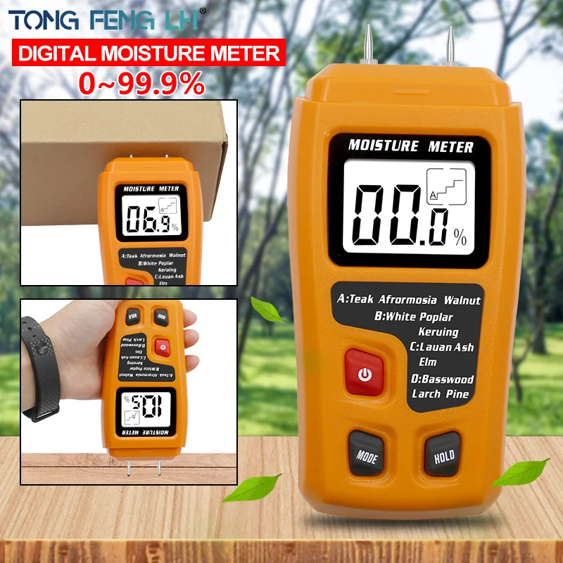 LCD Digital 2-Pin Wood Moisture Meter Damp Wall Tester Detector--Battery Included--Orange