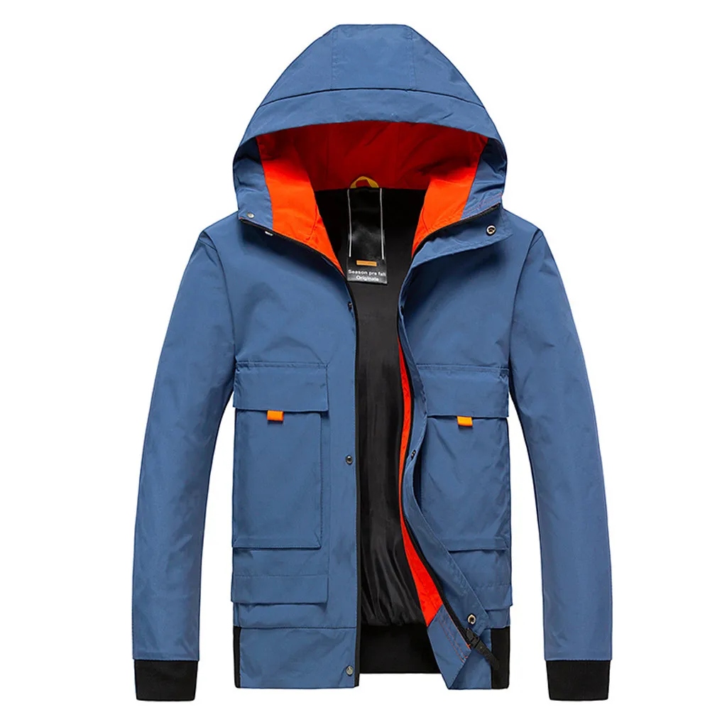 Куртки для мужчин; сезон осень-зима; повседневные Модные Лоскутные толстовки с капюшоном на молнии; спортивные пальто; куртка для улицы; уличная одежда - Цвет: Blue