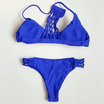 

Women Thong Bikini Hand-made Knitted Bikini Net Yarn Swimsuit Royal Blue Bikini Set Sexy Female Bathing Swimwear