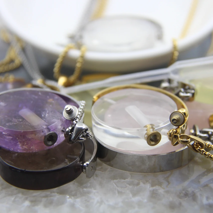 Round Shape Chakra Rose Quartzs/AmethystsPerfume Bottle Pendant Necklace,Healing Lemon Crystal Essential Oil Diffuser Vial