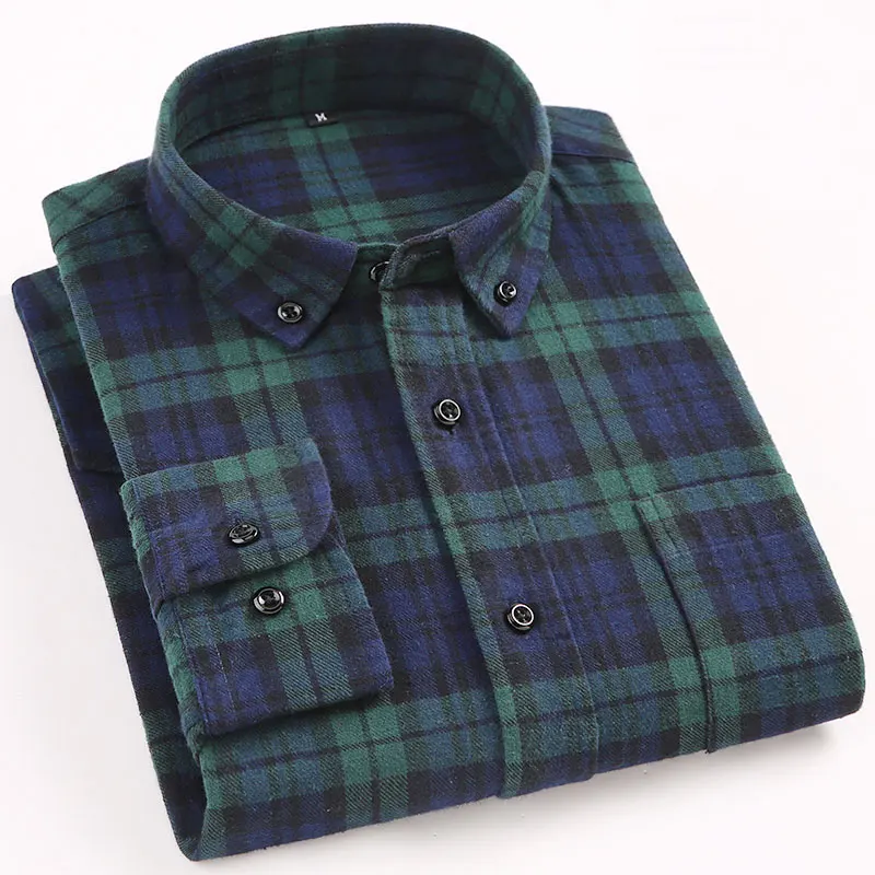 100 Cotton Men's Brushed Flannel Plaid Shirts High Quality Long Sleeve