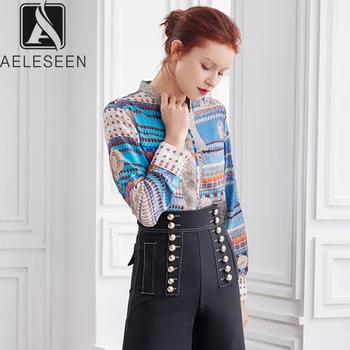 

AELESEEN New Fashion Office Lady Blouse 2020 Spring High Quality Luxury Pure Silk English Style Runway Design Print Shirt