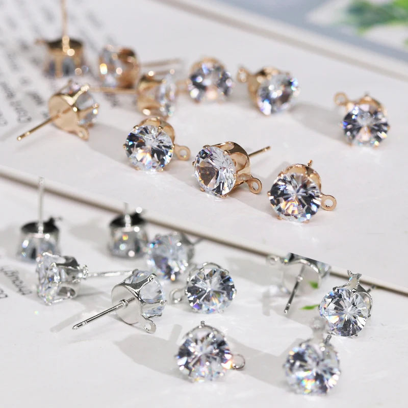 

6/8mm Handmade Jewelry Silver Ear Stud Findings With Hole Girl DIY Earring Finding Drop Zircon Crystal Women 10PCS Golden