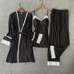 SAPJON Women's Pajamas Sets 3PC Modal Sleepwear Top Pants Robe Set Sexy Lace Nightgown Lady Pajamas Set Home Wear Night Suit