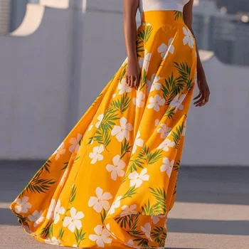 

2020 New Bohemian Yellow Print Long Skirt Women Stitching Pleated Chiffon Stream Elastic Waist Swing Skirts Woman Beach Cloth